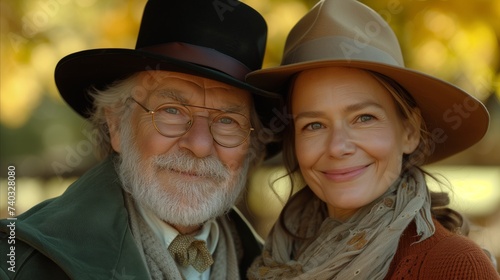 Elderly Gentleman and Middle-Aged Woman Smiling in Autumn