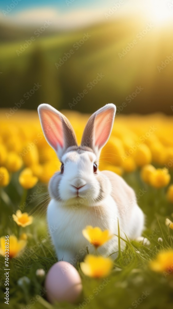 Fototapeta premium Holiday celebration banner with cute Easter bunny with decorated eggs and spring flowers on green spring meadow. Rabbit in landscape. Happy Easter greeting card, banner, festive background.Copy space
