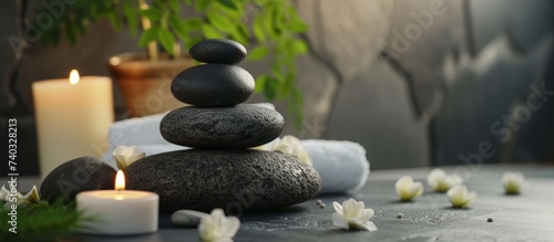 Tranquil candle arrangement with rocks  flowers and pebbles for relaxation and mindfulness practice