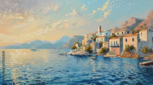 Mediterranean seaside village at dawn calming rhythms first light on water,watercolor style