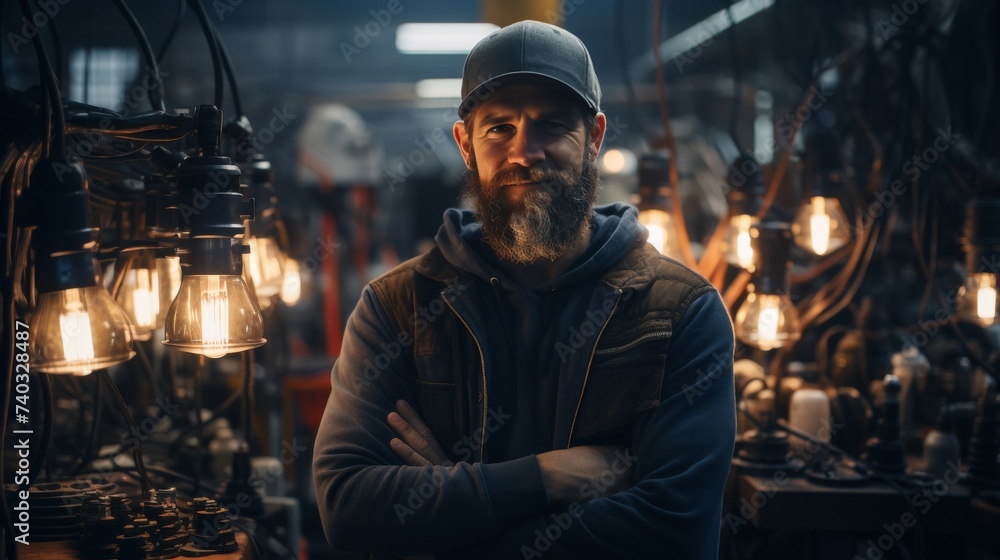 Bearded Man Standing in Front of a Cluster of Lights