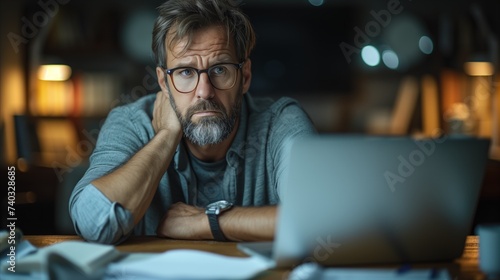 Man Sitting at Table With Hand on Neck