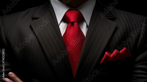 Close-Up of Man in Pinstripe Suit With Red Tie and Pocket Square