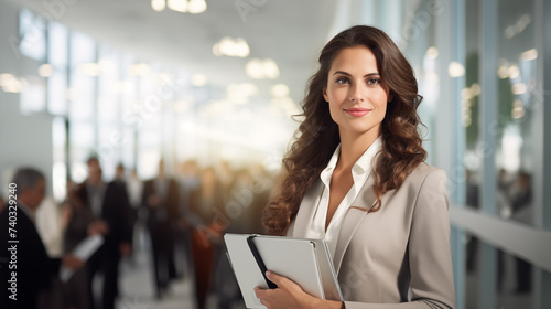 Beautiful and Confident Businesswoman in Office Environment, teammates in the background of the nice office interior. AI Generative.