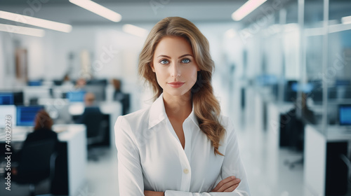 Beautiful and Confident Businesswoman in Office Environment, teammates in the background of the nice office interior. AI Generative.