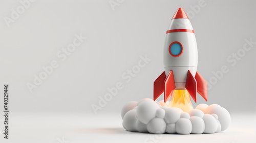 Rocket taking off 3d illustration, render. Spaceship Launching, flying out on light grey background with copy space for text. Business startup, exploring, landing page website Concept