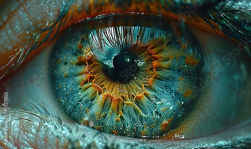 Human eye close up. In the middle, the pupil suddenly enlarges due to the virtual GUI. © Olha