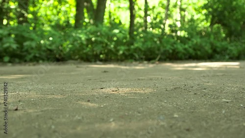 Three Bicycle Tires Pass Camera Close-up on Gravel Road