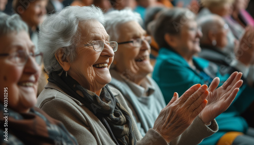 Group of elderly senior women applauding  clapping hands at successful meeting or presentation. Generative AI