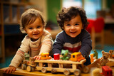 two children playing with wooden cars