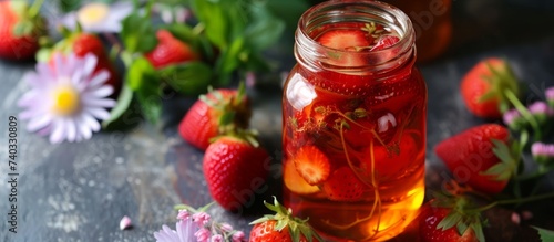 Luscious Strawberry Tea Drink in Glass Jar with Fresh Berries and Blooms on White Background