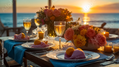 Table, glasses of champagne, beautiful flowers, sea romantic