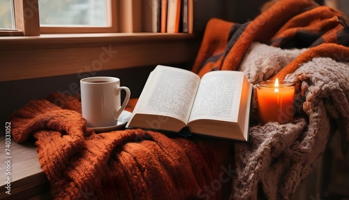 Autumn cozy mood. Fall cozy reading nook with a blanket, bookshelf filled with autumn-themed books, and a cup of tea or hot chocolate.