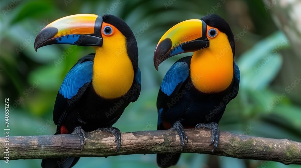 Fototapeta premium Pair of Toucans Perched on Branch in Tropical Habitat