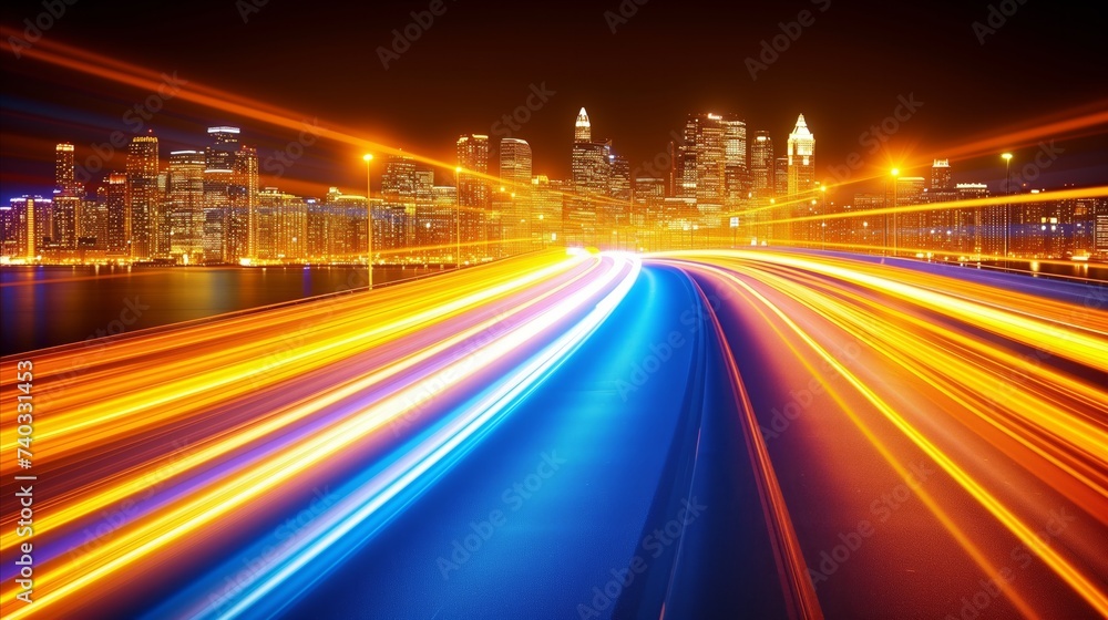Vibrant Nighttime Cityscape With Light Trails on Waterfront