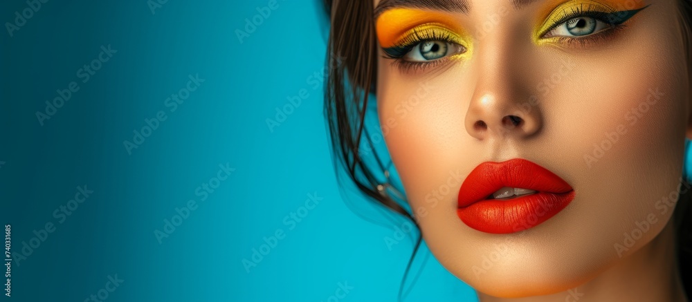 Seductive woman with vibrant makeup and striking red lipstick, a bold and glamorous beauty look Seductive woman with vibrant makeup and striking red lipstick, a bold and glamorous beauty look