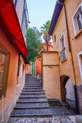 Narrow street among medival houses in old Gandria village, Switzerland