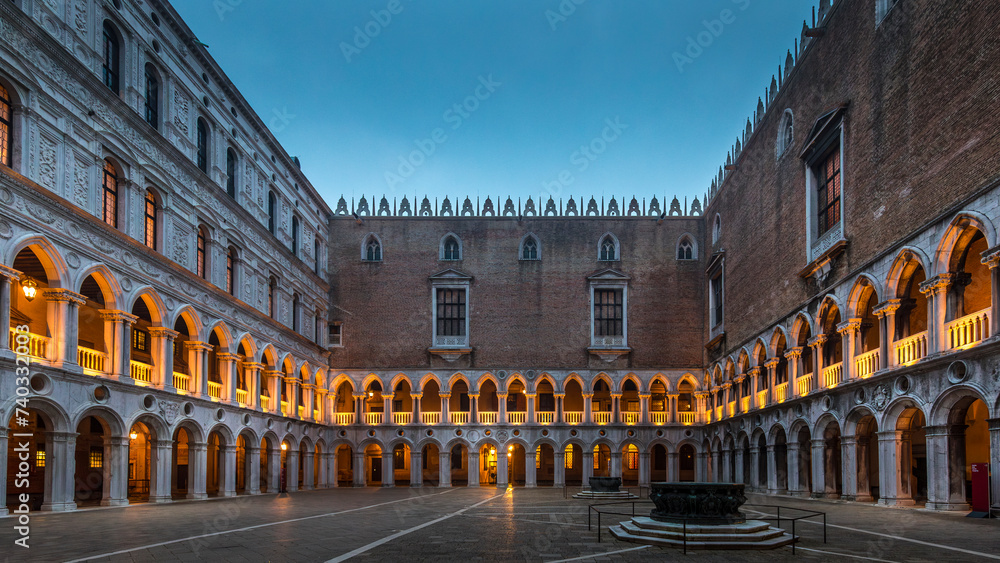 Venice, Italy - February 6, 2024: Courtyard of Doge`s Palace or Palazzo Ducale in Venice. Doge`s Palace is one of the main tourist attractions in Venice. Renaissance architecture in Italy.