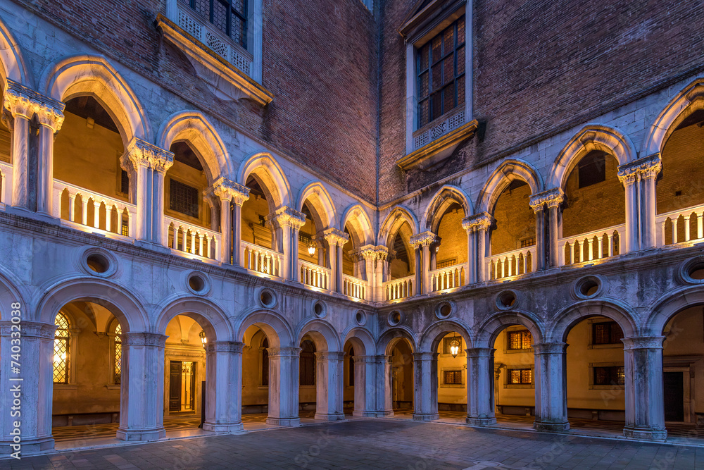 Venice, Italy - February 6, 2024: Courtyard of Doge`s Palace or Palazzo Ducale in Venice. Doge`s Palace is one of the main tourist attractions in Venice. Renaissance architecture in Italy.