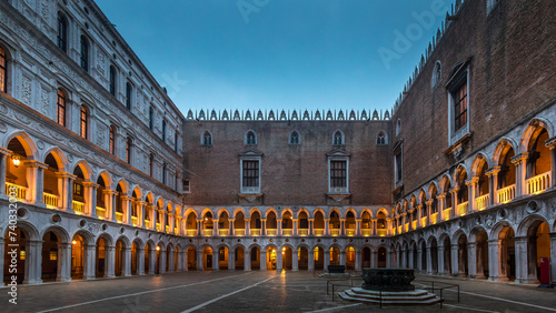 Venice, Italy - February 6, 2024: Courtyard of Doge`s Palace or Palazzo Ducale in Venice. Doge`s Palace is one of the main tourist attractions in Venice. Renaissance architecture in Italy.