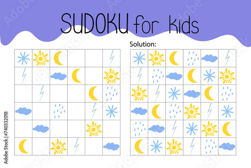 Weather sudoku educational game leisure activity worksheet vector illustration, printable grid to fill in missing images, nature environment topical vocabulary, puzzle with solution, teacher resource