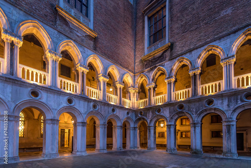 Venice, Italy - February 6, 2024: Courtyard of Doge`s Palace or Palazzo Ducale in Venice. Doge`s Palace is one of the main tourist attractions in Venice. Renaissance architecture in Italy. © JEROME LABOUYRIE