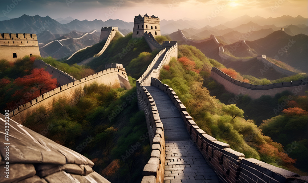 An ancient defensive structure reminiscent of the great wall of China - obrazy, fototapety, plakaty 
