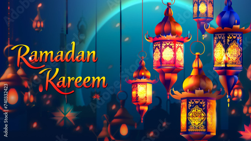 Islamic holy month of Ramdan Mubarak concept with golden crescent moon  lantern and mosque illustration on yellow background.
