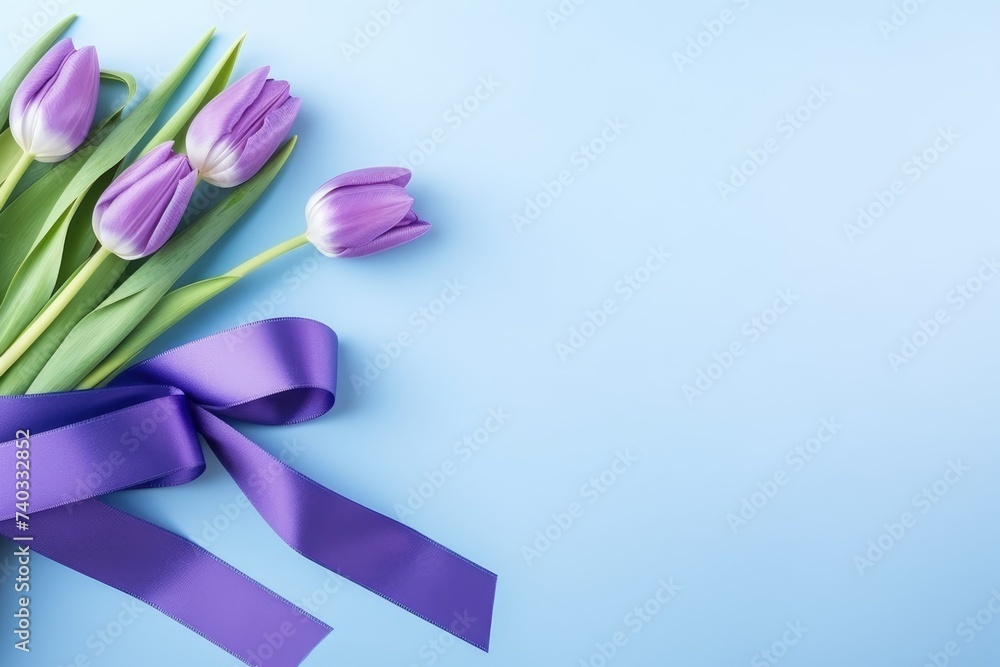 Naklejka premium A bouquet of purple tulips tied with a satin ribbon on a soft blue background. Purple Tulips with Ribbon on Blue Background
