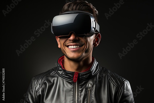 A young man wearing a virtual reality headset. 