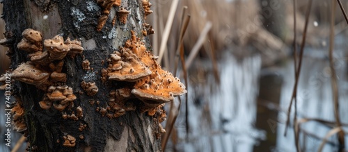 A cluster of mushrooms can be seen growing on a reed trunk in the floodplain forest. photo