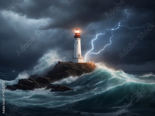 Lighthouse in the Tempest: An Evocative AI-Generated Maritime Scene, Depicting the Strength and Guidance of a Lone Lighthouse Against the Roaring Fury of Stormy Seas, Each Frame Lit by Flashes of Ligh