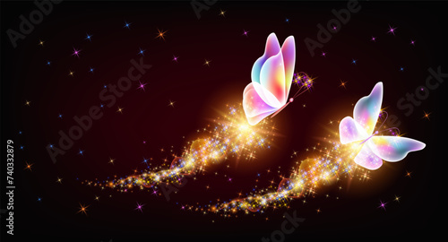 Flying delightful butterflies with sparkle and blazing trail flying in night sky among shiny glowing stars in cosmic space. Love and romance concept.