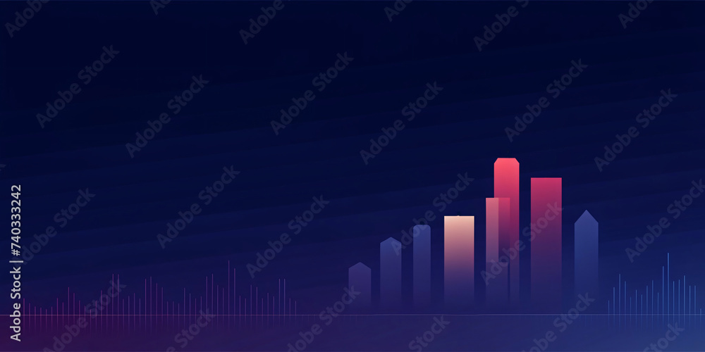 Blue city skyline at night with abstract urban architecture, skyscrapers, and financial market graph illustration