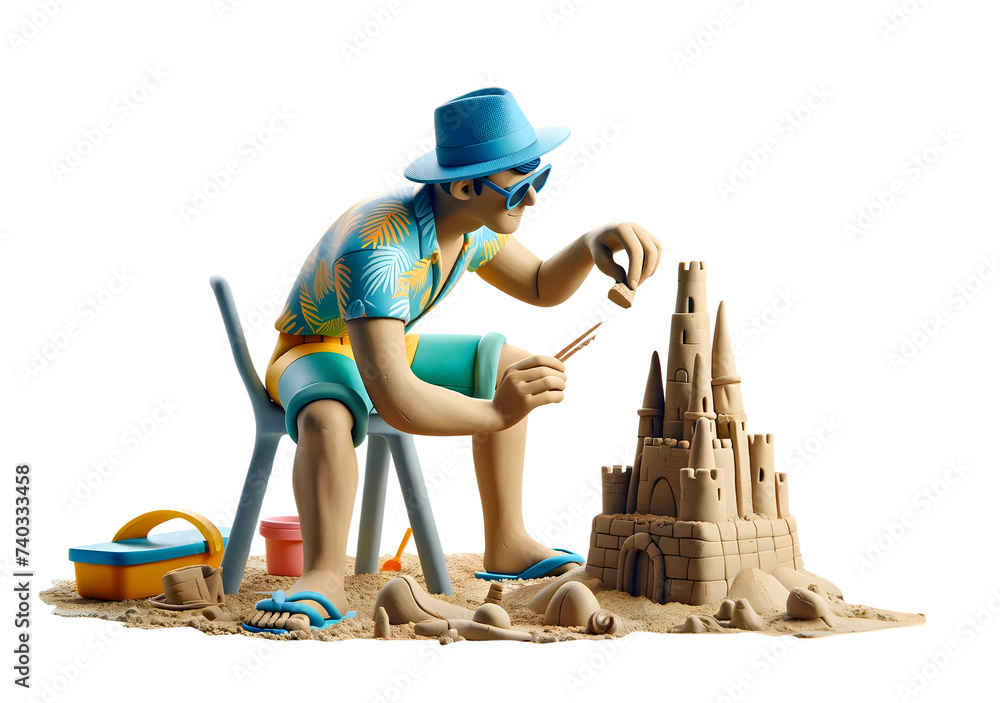 Personnage en pâte à modeler homme faisant un château de sable ilustración de Stock Adobe Stock