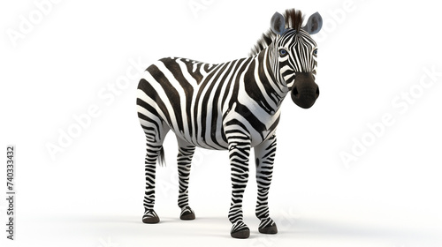 An obedient zebra with an endearing look, 3D rendered and isolated on a white background in a unique pose. photo