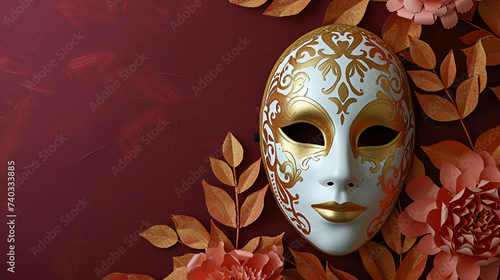 A mysterious gold and white Venetian mask set against a deep burgundy background in HD, complemented by coral paper flowers.