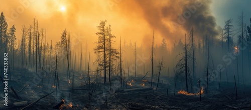 A forest that has been severely impacted by a recent wildfire, with numerous burned trees emitting pollution and smoke. © AkuAku