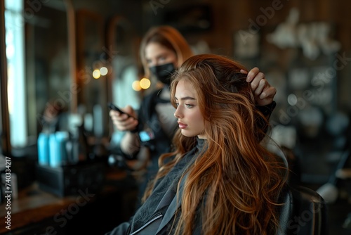 A hairstylist uses a hair dryer and hairbrush on a woman in a salon.