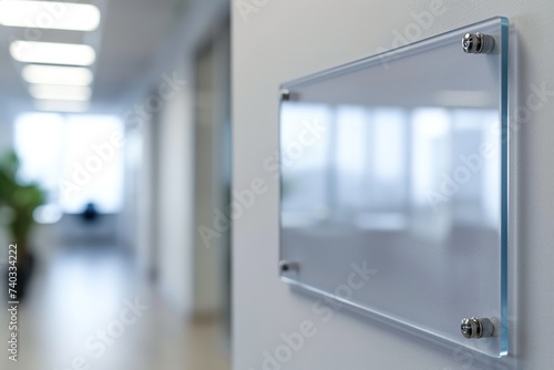 An empty glass plaque is mounted to the side of a white wall. photo