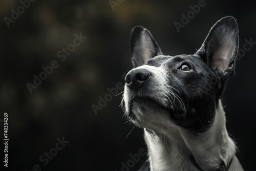 A black and white bull terrier dog with an inquisitive expression looking upward.