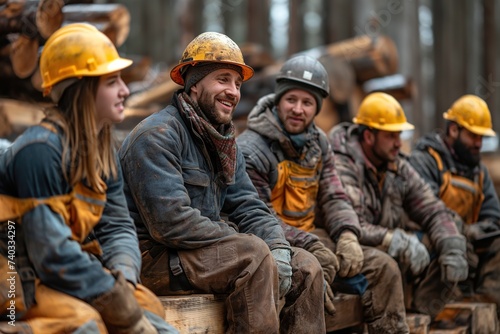 A small group of construction workers sitting on top of a wooden bench during their break.