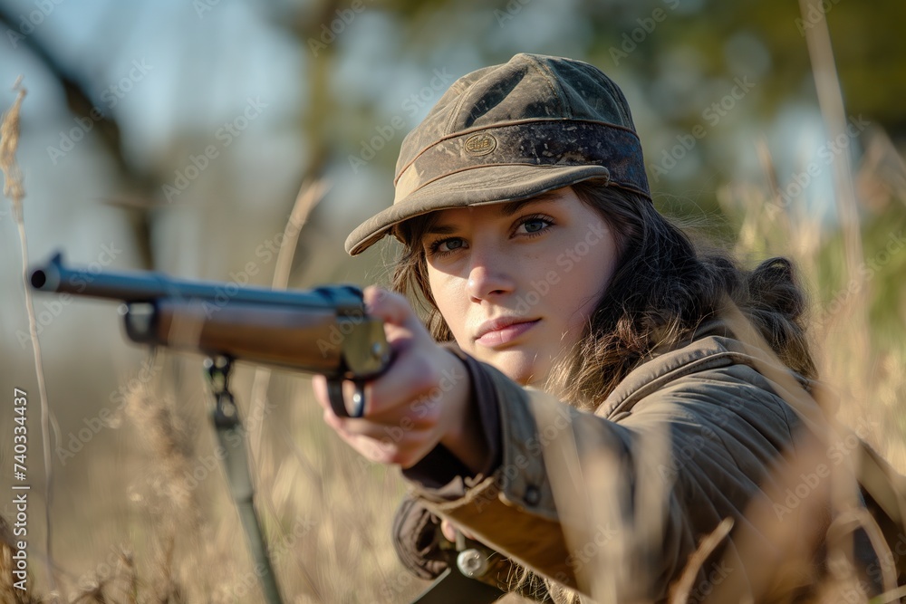 A woman holding a rifle while hunting in a field.