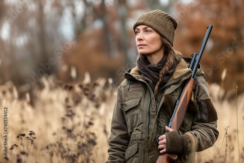 Female hunter standing in field, holding rifle.