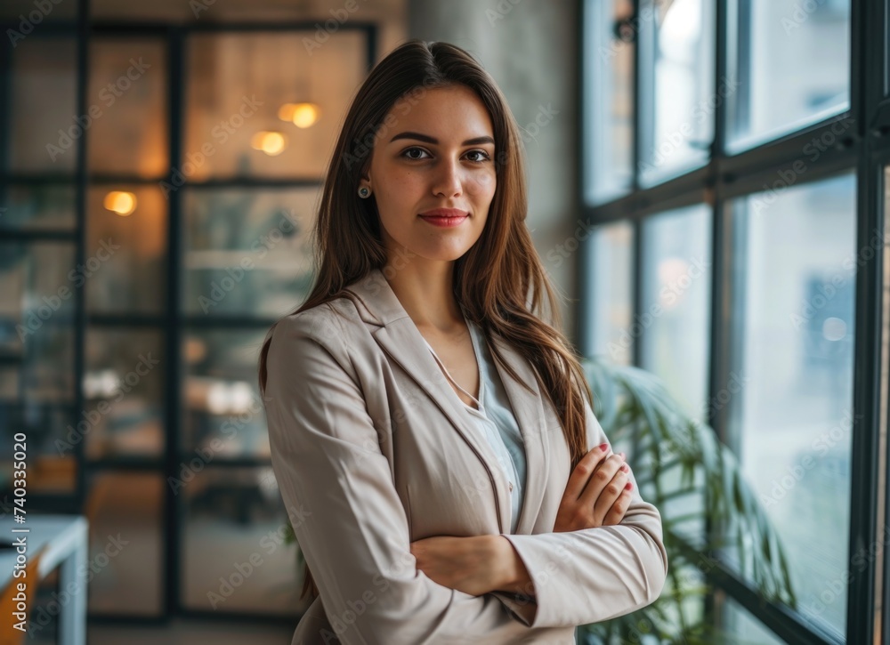 Confident businesswoman standing in modern office. Confident businesswoman standing in modern office.
