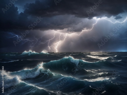 Lightning Dance on Horizon  An Electrifying AI-Generated Maritime Masterpiece  Capturing the Mesmerizing Beauty of a Storm at Sea  Each Frame Illuminated by Lightning Bolts Dancing Across the Darkened