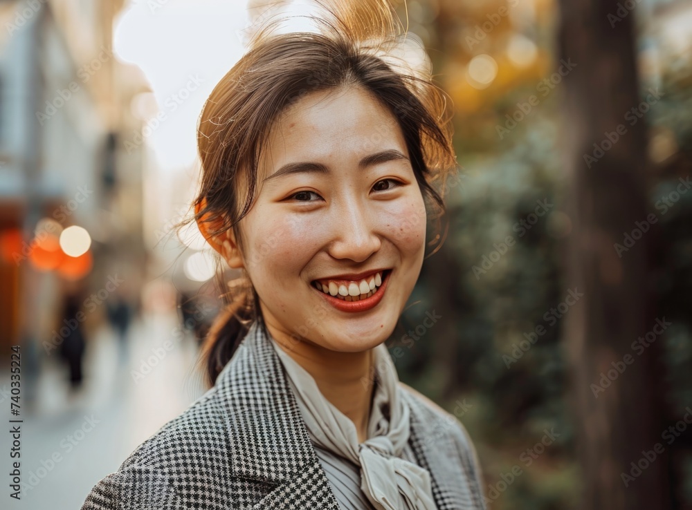 Happy asian woman smiling on city street.