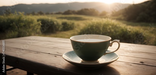 A drinkware item, specifically a coffee cup, sits atop a wooden table overlooking a natural landscape in the background