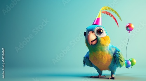 Happy Parrot Party: Cute 3D Cartoon Animal in Colorful Celebration with Party Hat