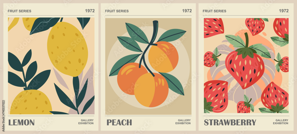Set of abstract Fruit Market retro posters. Trendy kitchen gallery wall art with peach, strawberry, lemon, fruits. Modern naive groovy funky interior decorations, paintings. Vector art illustration.